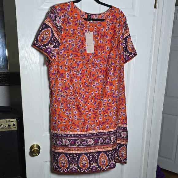 Orange and Purple Sheath Midi Dress with Crew Neck - Picture 1 of 5